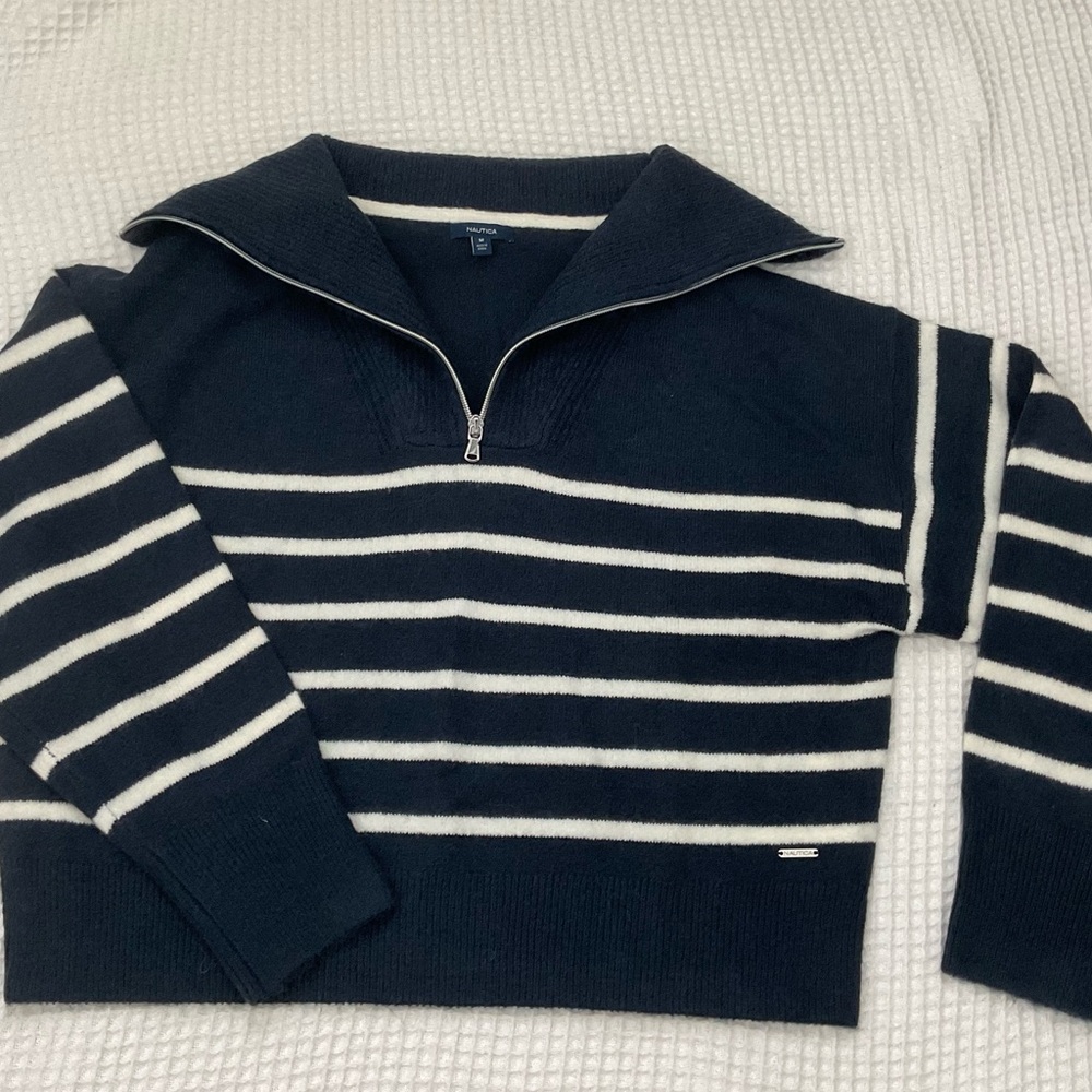 Navy and White Striped Women’s Quarter Zip Sweater